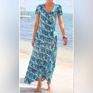 Soft Surroundings maxi dress short sleeve Size Large teal ecru beach vacation